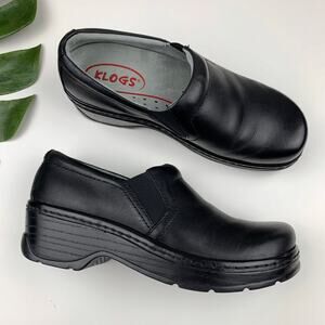 Klogs Slip On Clogs Black Leather Slip Resistant Women's 8W Wide Width
